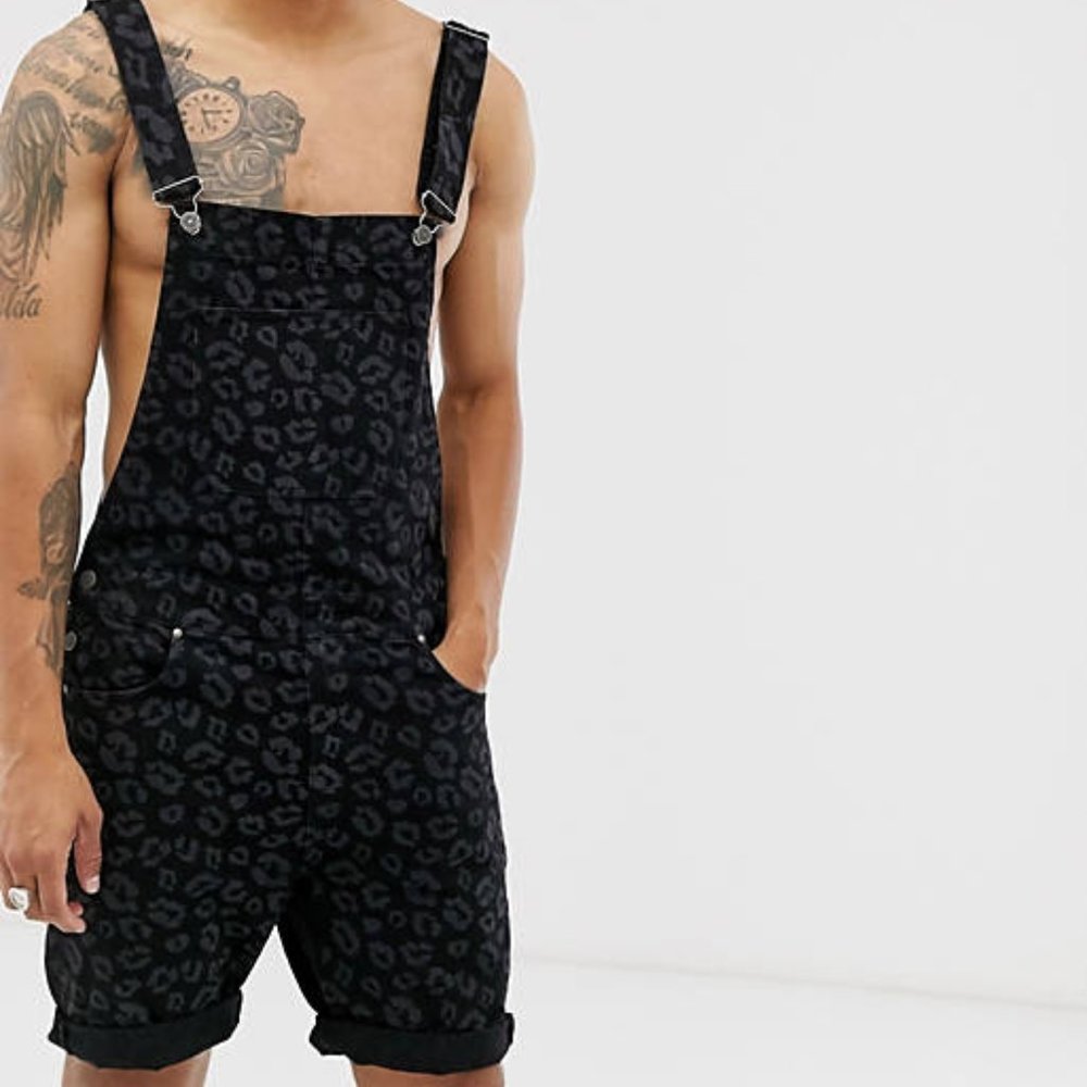 Asos Design Denim Overall Shorts Black Leopard Print Men's Size 30